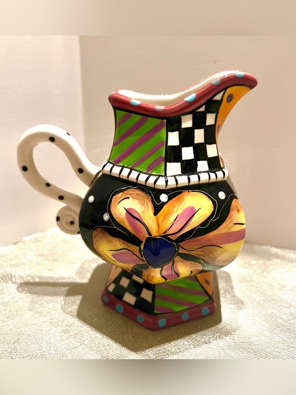Prospero Studio Designworks CREAMER Whimsical Black & White Check Yellow Flower.